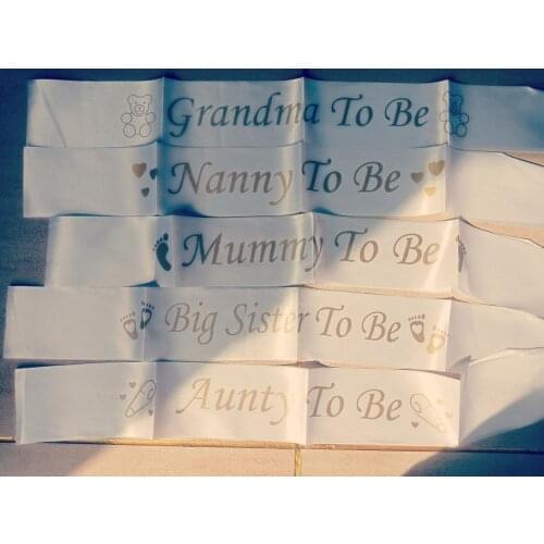 Mummy to Be Satin Ribbon Sash with Footprint Bear Nanny grandma Aunty Big sister Dad To Be Baby Shower Party Favor Sashes White
