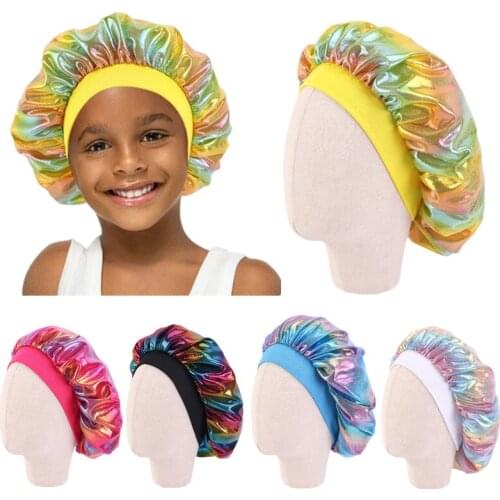 Fashion Adjustable Children Hat New Satin Silky Baby Bonnet Night Sleep Cap Laser Color Big Bonnet For 2-8Y Kids Curly Hair