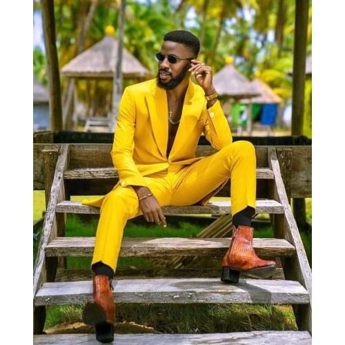 Street Fashion Yellow Costume Homme One Button Men Suits 2 Pcs Groom Prom Wedding Blazer Terno Masculino Slim Fit Jacket Pant