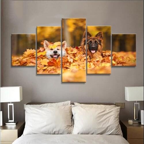 Wall Art Canvas Painting 5 Panel Artwork Dog In Leaves Modern Home Decor For Living Room Decoration Poster Painting Modular