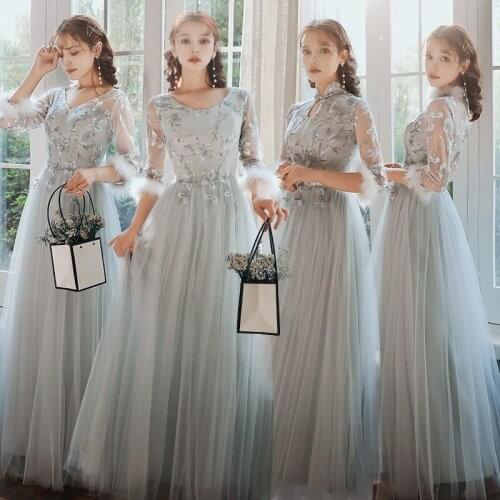 Bridesmaids Dresses Illusion Luxury Gray Full O-Neck Lace Embroidery Floor-Length A-Line Tulle Wedding Party Gown For Women E106