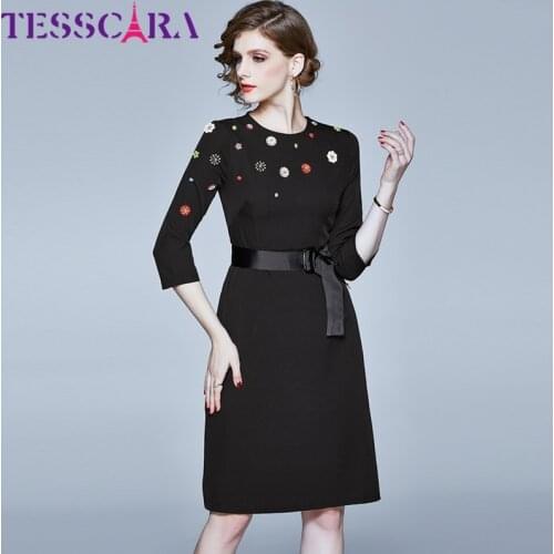 TESSCARA Women Autumn Elegant Beading Dress Festa Female Designer Office Party Robe High Quality Vintage Cocktail Vestidos