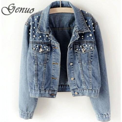 Plus Size Pearl Beading Short Denim Jackets 3Xl 5Xl Women White Wash Long Sleeve Vintage Casual Jean Jacket Bomber Denim Coat