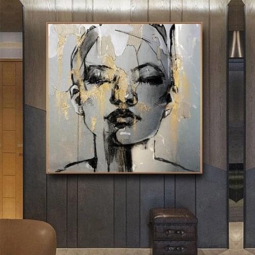 Modern Abstract Art Golden Girl Face Canvas Paintings Women Figure Pictures Wall Art Posters and Prints for Living Room Decor