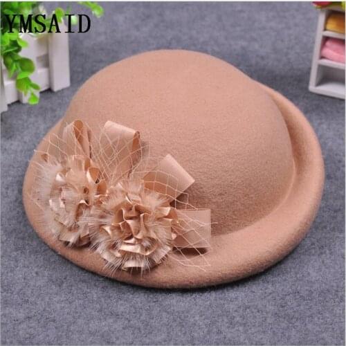 Ymsaid 2019 Autumn and Winter Lady Party Formal 100% Wool Felt Hats Women Elegant Flower Woolen Beret Caps