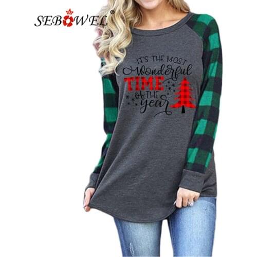 SEBOWEL Christmas/Halloween Cartoon Print T-shirt for Women Autumn Lattice Long Sleeve Pattern Loose Style T-shirts Tops S-XXL