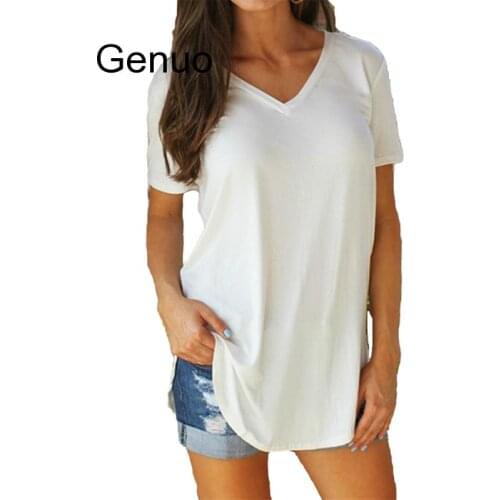 Womens T-shirt Summer Plus Size Tee Basic Shirts Women Solid V Neck Short Sleeve Long Casual Female Plus Size Femme Tops