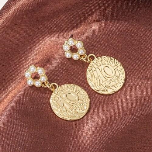 Fashion Vintage Pearl Round Earrings For Women Metal Coin Female Hanging Earrings 2021 Trend Party Statement Gold Modern Jewelry