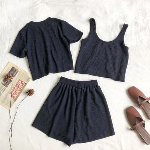 2021 new Casual Fashion 3 Pcs Women Set O- Neck Short Sleeve Loose Knit Top + High Waist Hip Elastic Wide Leg Shorts Wild Suit