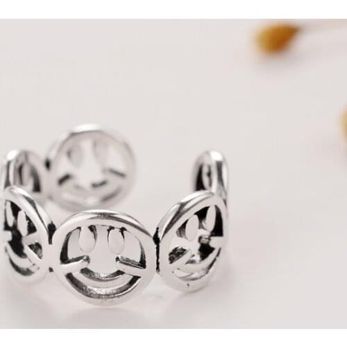 REETI Creative 925 Sterling Silver Rings For Women Obsidian Smiling face Thai Silver Opening Index Finger Ring