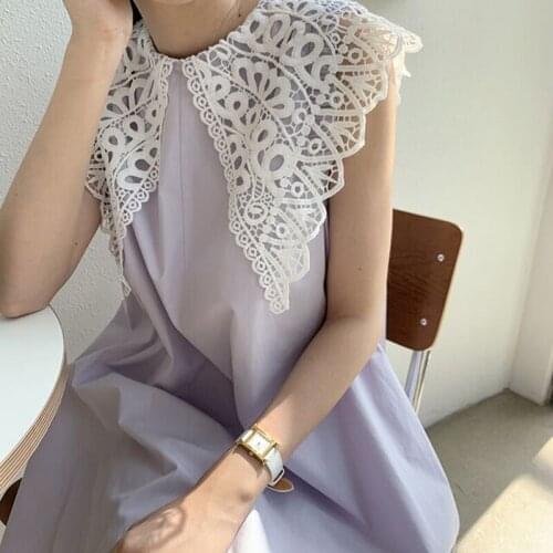 Sweet Retro Hollow Lace Big Lapel Loose Oversized Robe Sleeveless Dresses Femme 2021 Summer Fashion Casual Solid Color Dress New