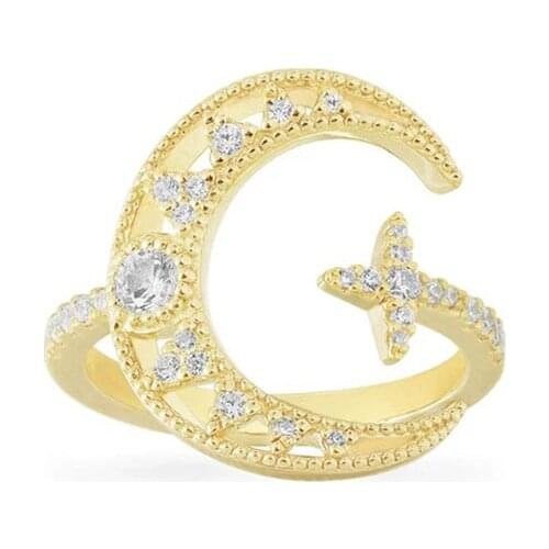 UMGODLY Yellow Gold Color Cubic Zirconia Star Moon Open Ring Adjustable Size Women Fashion Brand Jewelry