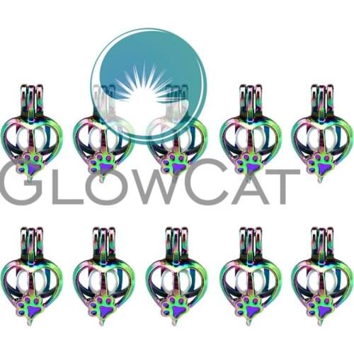 10x C696 Colorful Heart Paw Print Pearl Cage Locket Pendant Essential Oil Diffuser Beads Cage DIY Jewelry Locket For Oyster