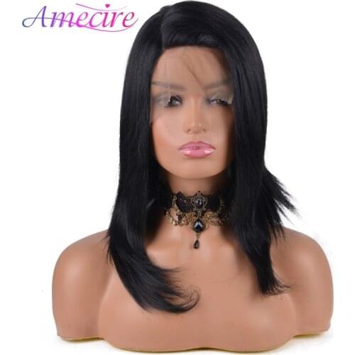 14 Inch Black Synthetic Side Lace Medium Long Straight Bob Wig Looking Natural Heat Resistant For Black Women