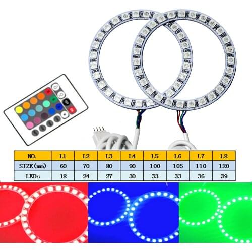 2pcs 60 70 80 85mm LED Angel Eye Circular Halo Demon Eye Highlight RGB Multicolor Wireless Remote Control Operation Dimming LED