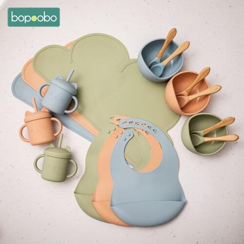 Bopoobo 6Pcs/1Set Baby Silicone Cutlery Set Kitchen Accessorie Food Grade Easy Cleaning Heat Insulation Waterproof Cloud Shape