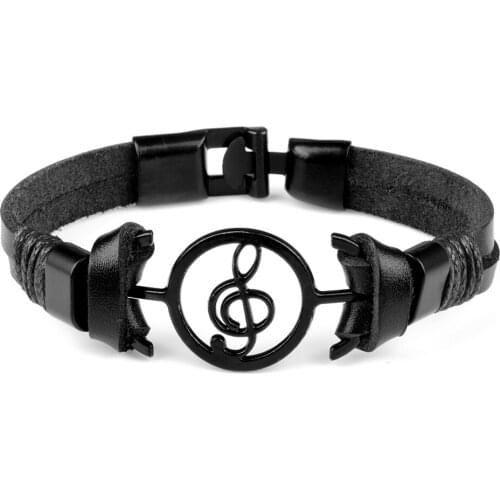 Genuine Leather Metal Bracelets Unique Musical Note Black Brown Rope Vintage Charm Punk Rock Style Gifts For Men