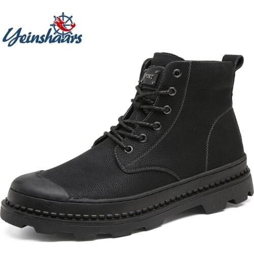 YEINSHAARS Black Warm Winter Men Boots Genuine Leather Ankle Boots Men Winter Work Shoes Men Military Fur Snow Boots for Men