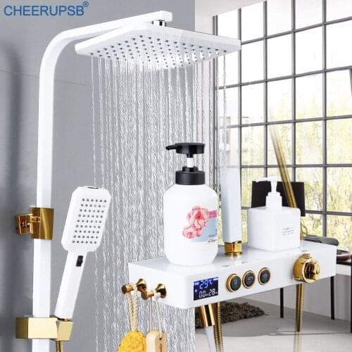 Digital Shower Set Bathroom Smart Thermostatic Shower System Wall Mount Hot Cold Bath Faucet Square Head SPA Rainfall LED Grifo