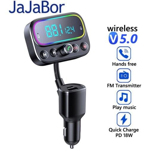 JaJaBor FM Transmitter Bluetooth 5.0 Handsfree AUX Audio MP3 Player Support USB Flash Drive Playback PD Type C USB Car Charger