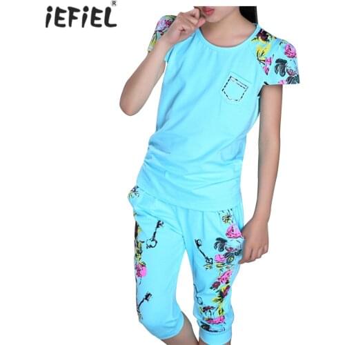 Girls Clothes Set Summer Cotton Sport Outfits Flower Print Short Sleeves T-shirt Tops + Pants Child Kids Teens Clothing Sets