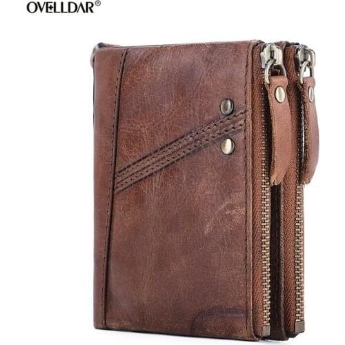 Rfid Mens Genuine Leather Wallet Money Bag Small Card Holder Coin Purse Male Perse Double Zipper Fashion Casual Coin Purse