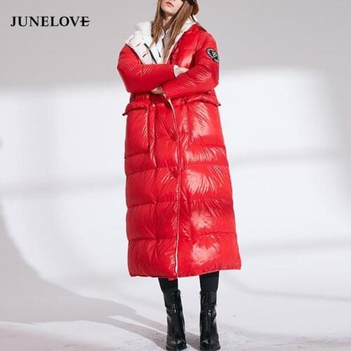 JuneLove women fashion double size winter warm down coat lady long 90% white down jacket vintage female hooded thick outwears