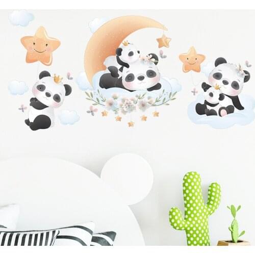 Cartoon Panda Moon Star Cloud Flower Wallpaper Childrens Bedroom Wall Decoration Wall Sticker Self-Adhesive