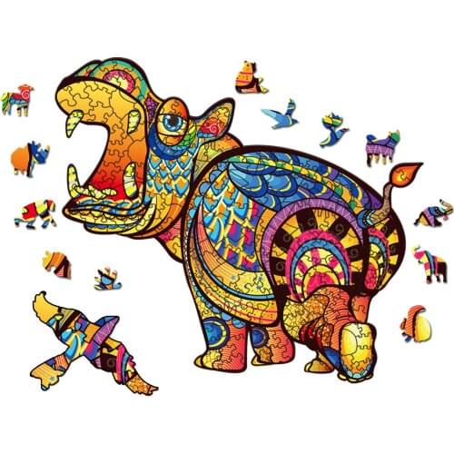 Colorful Hippo Wooden Animals Puzzle with Gifts Box Wooden Jigsaw Puzzle For Adults Kids Educational Toys DIY Puzzles Games