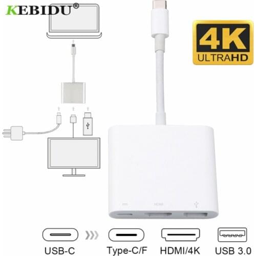 Kebidu Type-C Female Adapter Usb Type-C Hub Adapter 3-in-1 USB C hub to HDMI-compatible USB3.0 with Charging Converter