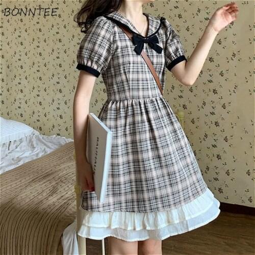 Dress Women French Retro Plaid Lovely Summer Short Sleeve Chic A-line Ladies Vestido Holiday Casual Sweet College Femme Sundress