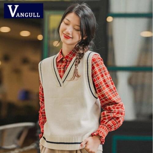 Vangull Pullover V-neck Knitted Vest Womens Sweater Spring And Autumn 2020 New University Style Sleeveless Loose Sweater Top