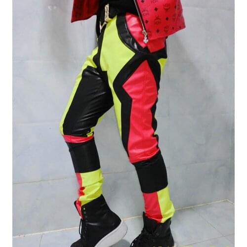 S-5xl 2021 Fashion Mens Brand Stage Motorcycle Neon Patchwork Leather Pants Trousers Male Plus Size Costumes Clothing
