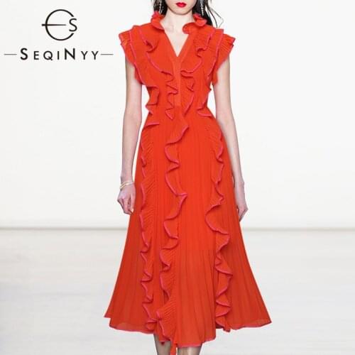 SEQINYY Midi Dress Summer Spring New Fashion Design Women Runway Ruffles High Quality Pleated Elegant Party Sleeveless