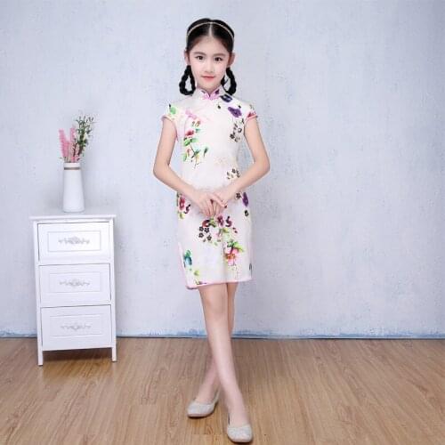 Silk Children Chinese Short Cheongsam Girl Traditional Dress Oriental Ancient Kids Qipao Party Dresses for Stage Show 90