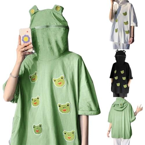 Women Novelty Frog Hoodies, Female Cute Half Sleeve Loose Fit Hooded Sweatshirts Summer Tops Outdoor