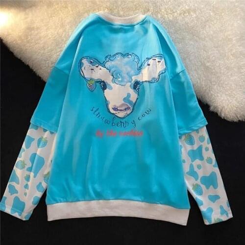 Hip Hop Streetwear Cute Strawberry Pink Tops Patchwork Sweatshirt Women Kawaii Teens Girls Clothes 2021Autumn New Korean Fashion