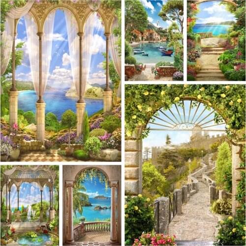 Spring Palace Arch Pillar Royal Lake Sky Cloud Nature Scenery Backdrop Vinyl Photography Background For Photo Studio Photophone