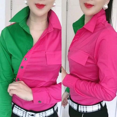 Women Office Lady Patchwork Shirt Slim Long Sleeve Casual Top Work Wear