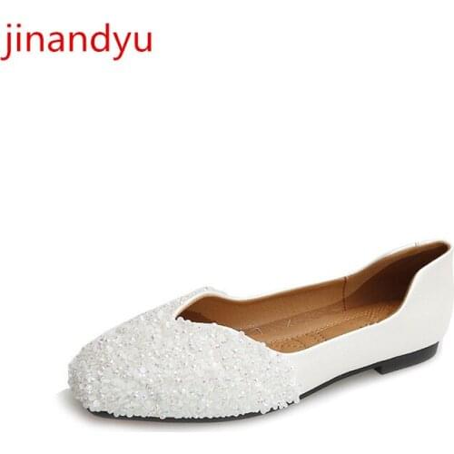 Big Size 43 Flat Shoes Women Leather Casual Shoes Crystal Fashion Women Slip on Comfy Flats White Black Wedding Shoes Bride Flat