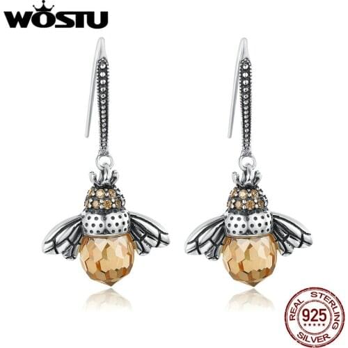 WOSTU Hot Selling 100% 925 Sterling Silver Lovely Bee Drop Earrings For Women Fine Jewelry Luxury Lover Gift FIE149
