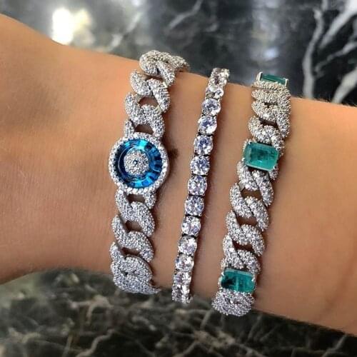 New Rose Gold Color Iced Out Bling Blue CZ Round Eyes Bracelets Zircon Cuban Miami Link Chain Eye Charm Bracelet Women Jewelry