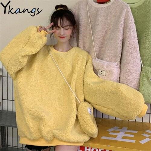 Plus Size Women Loose Plush Sweatshirt Solid Korean Harajuku Velvet Pullover Tops Faux Lambswool Jumper Winter Warm Coats Female
