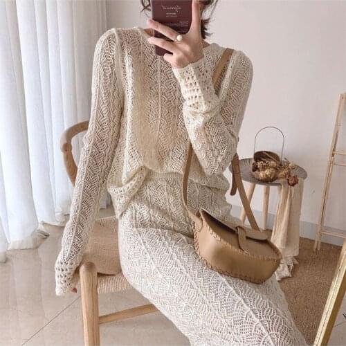 Knitting Hollow Out Sweater Skirts Two Piece Women Set Elegant Lady Dress Sets Free Size Solid Color