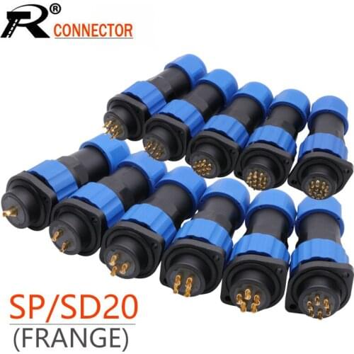 10Sets/lot SP20 Waterproof Aviation Male Plug+Female Socket 1/2/3/4/5/6/7/9/10/12/14Pins IP68 SD20 20mm Flange Panel Mount
