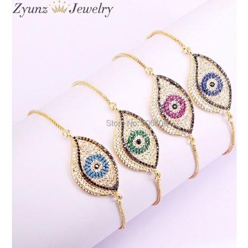 10PCS ZYZ325-0155 Eye Connector Metal Pave CZ Bead Bracelets Adjustable