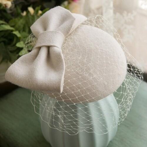 2020 Pure Wool White Large Bow Fedora Cap Vintage Face Veil Mini Wedding Bride Hat Headdress Autumn Spring Church Party Hat New