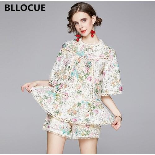 BLLOCUE 2020 Summer New Hollow Out Embroidery Print Lace 2 Pieces Set Women Batwing Sleeve O-Neck Top + Wide Leg Shorts Suit