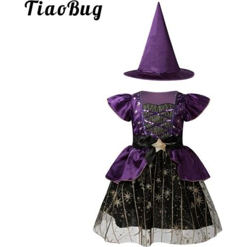 TiaoBug Kids Girls Halloween Witch Costume Shiny Sequins Stars Short Sleeves Carnival Cosplay Dress with Pointed Hat Dress Up