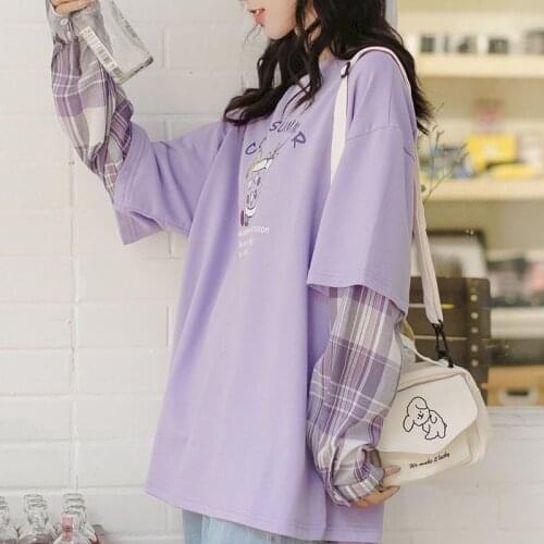 Long-sleeved Fake Two-piece Iris Purple T-shirt Womens 2020 Autumn New Korean Version Loose Printing All-match Student Top